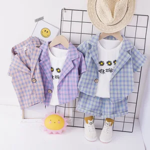 Newborn baby Boys summer clothes outfits wear sets plaid jacket + T-shirt + shorts casual suit for infant baby boy clothing sets