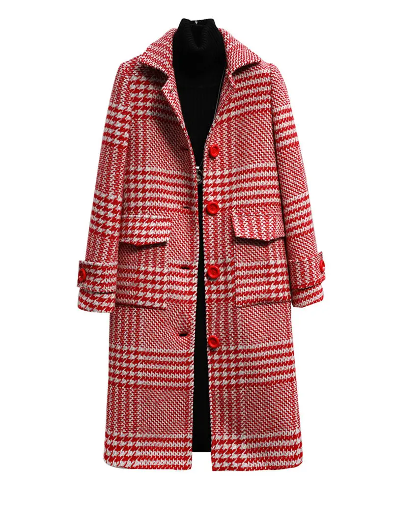 

NEW Autumn Winter Woolen Coat For Women Large Size Houndstooth Woolen Coat Loose Fashion Vintage Temperament Tweed Jacket f2103