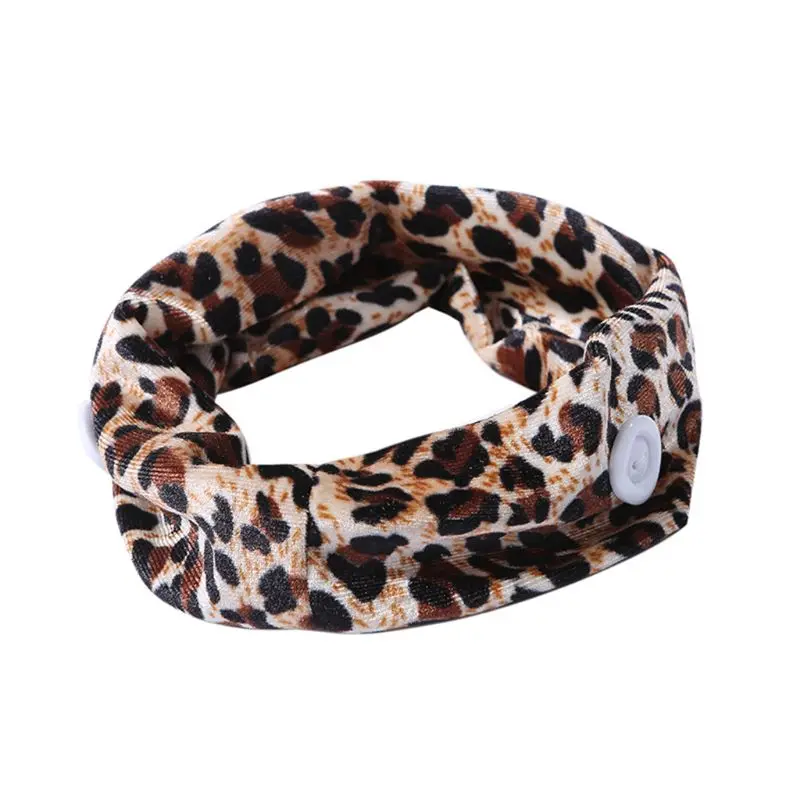 

Women Vintage Leopard Headband with Buttons Mask Holder Non-Slip Wide Sweatband