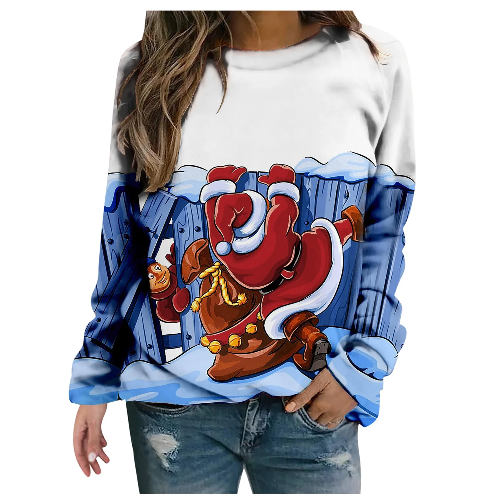 

Ladies Christmas Printed Sweatershirt Round Neck Gradient Printing Long Sleeve Print Stitching Round Neck Pullover Sweatershirt