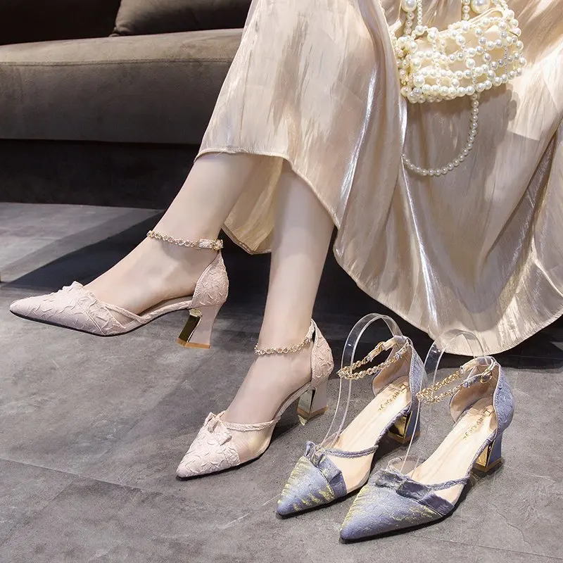 

2021 Sandals Ladies Shoes Summer All-Match High Heels Shallow Mouth Suit Female Beige New Fashion Pointed High-heeled Girls Bloc
