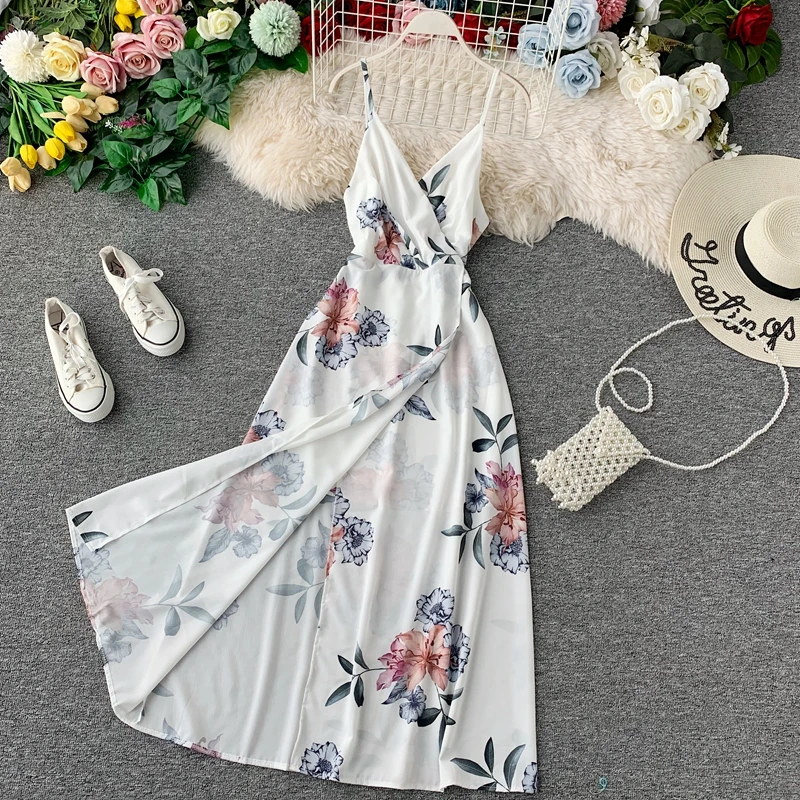 Женское платье на бретельках FMFSSOM длинное асимметричное с v-образным вырезом и