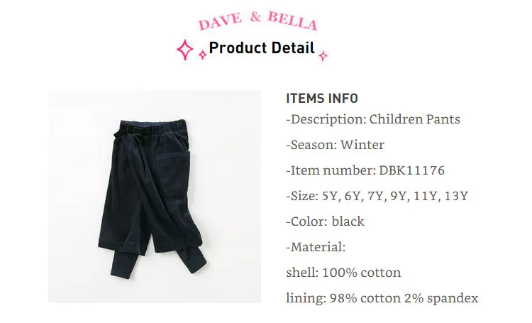 DBK11176 dave bella/зимние модные штаны для девочек детские однотонные эксклюзивные повседневные штаны до щиколотки с бантом и карманами