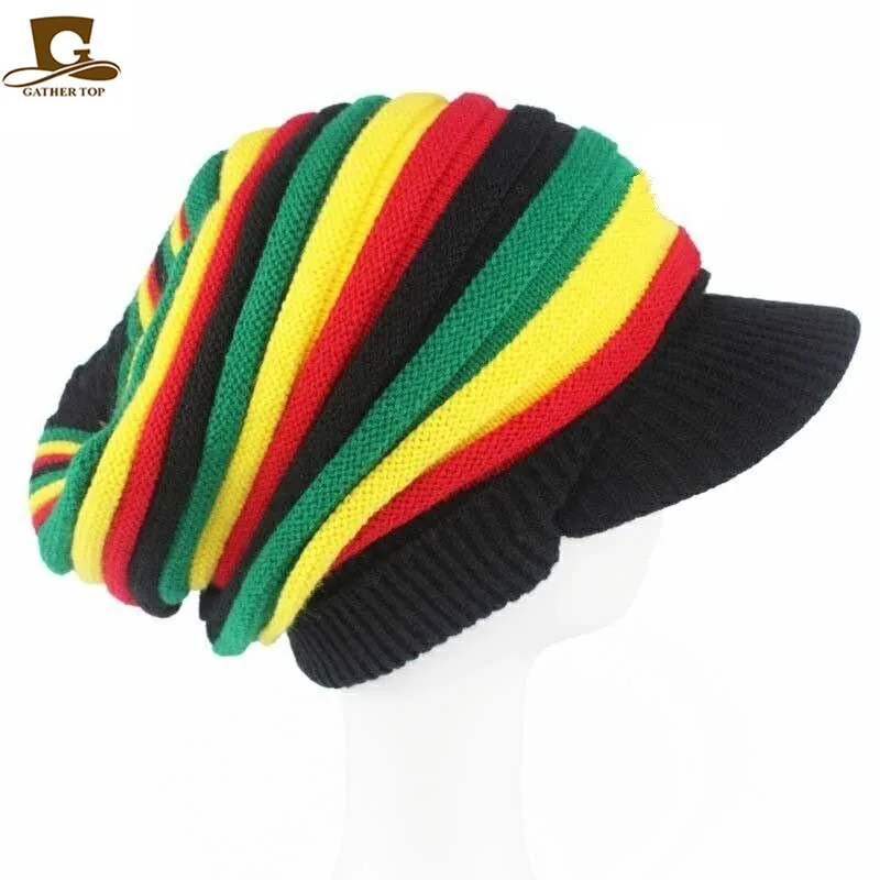 

Winter Men Women Striped Rasta Red Yellow Green Bob Marley Reggae Fashion New Wool Rainbow Beanie Jamaican Bonnet Skullies Caps