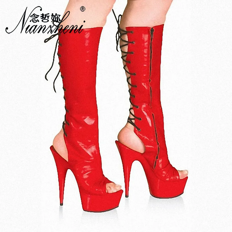 

6 Inches Thigh high boots Platform boots Pole dance shoes stripper heels Models Sexy Lace Up Show Mature Peep toe Nightclub New