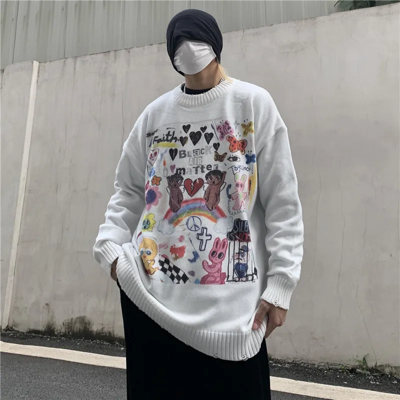 

Japanese Style Anime Funny Knitted Sweater Mens Hip Hop Streetwear Harajuku Sweater Vintage Retro Pullover ME-LM02
