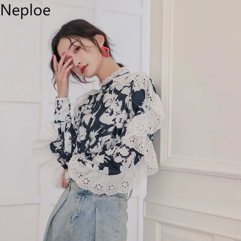 Neploe корейский стиль Instagram кружевная Лоскутная Блузка с воротником стойкой и