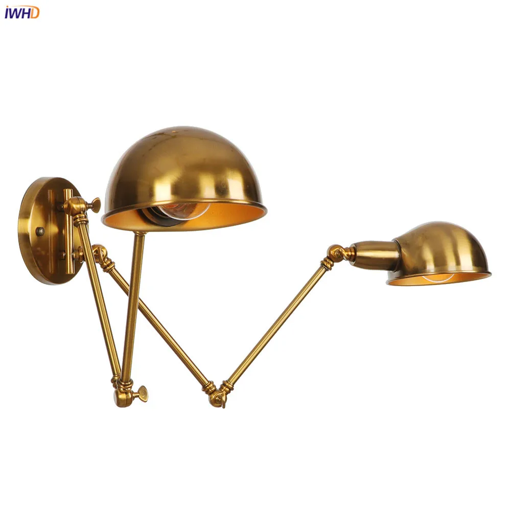 IWHD 2 Heads Gold Long Arm Wall Lamp Beside Bedroom Stair Loft Decor Retro Industrial Wall Light Fixture Aplique Pared LED