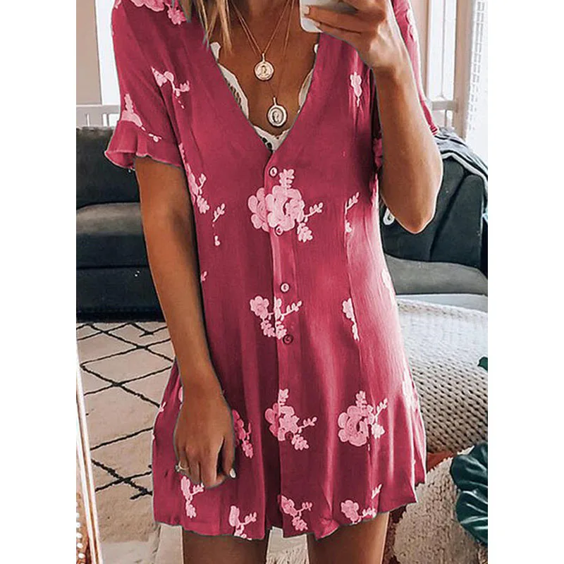 

Summer V-neck Loose Print Dress Elegant Commuting Mid-length Short-sleeved Dress Casual Vacation Dating Beautiful Woman's Dress