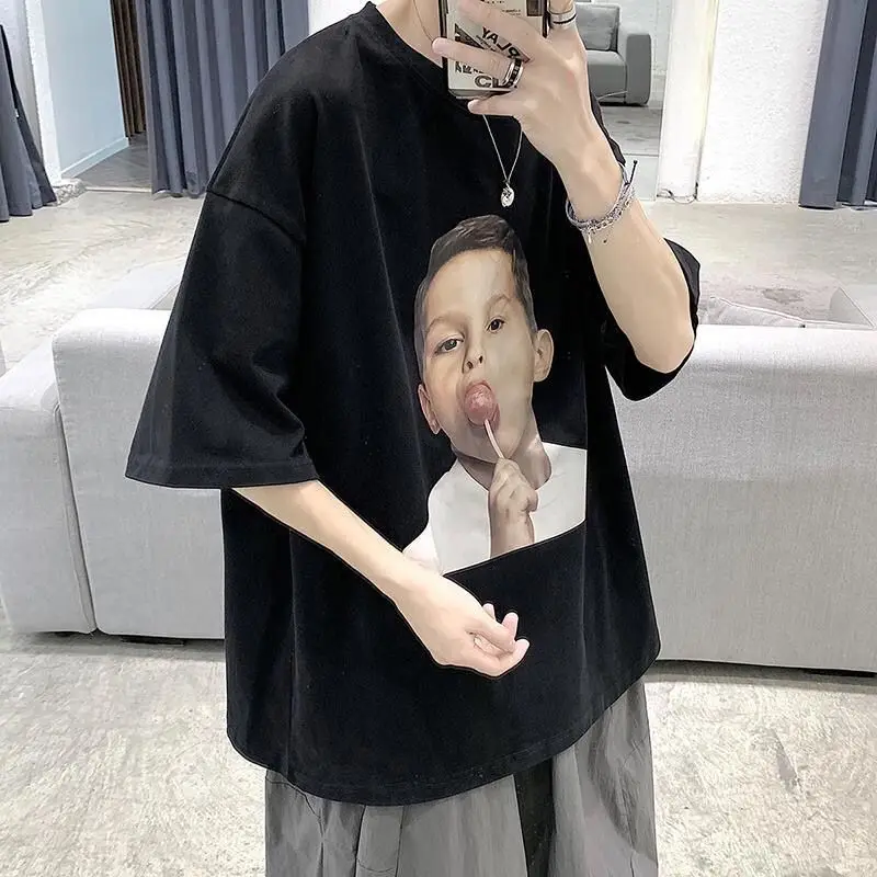 

Printed t-shirts men's short-sleeved oversized t-shirt summer 2021 Korean fashion hip-hop casual loose black retro tshirt trend