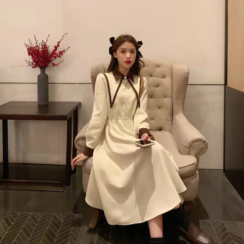

A-Line Buckle Dress 2021 New Autumn And Winter Corduroy Retro Big Lapel Waist Skirt Office Ladies Long Sleeves Solid vestido