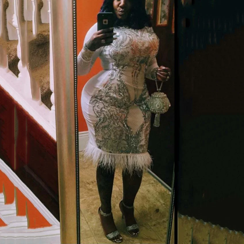 

Seqined Feather Trim White Dress Long Sleeve Bodycon High Waist Elegant For Evening Party Night Vestidos Mujer Midi Dresses New