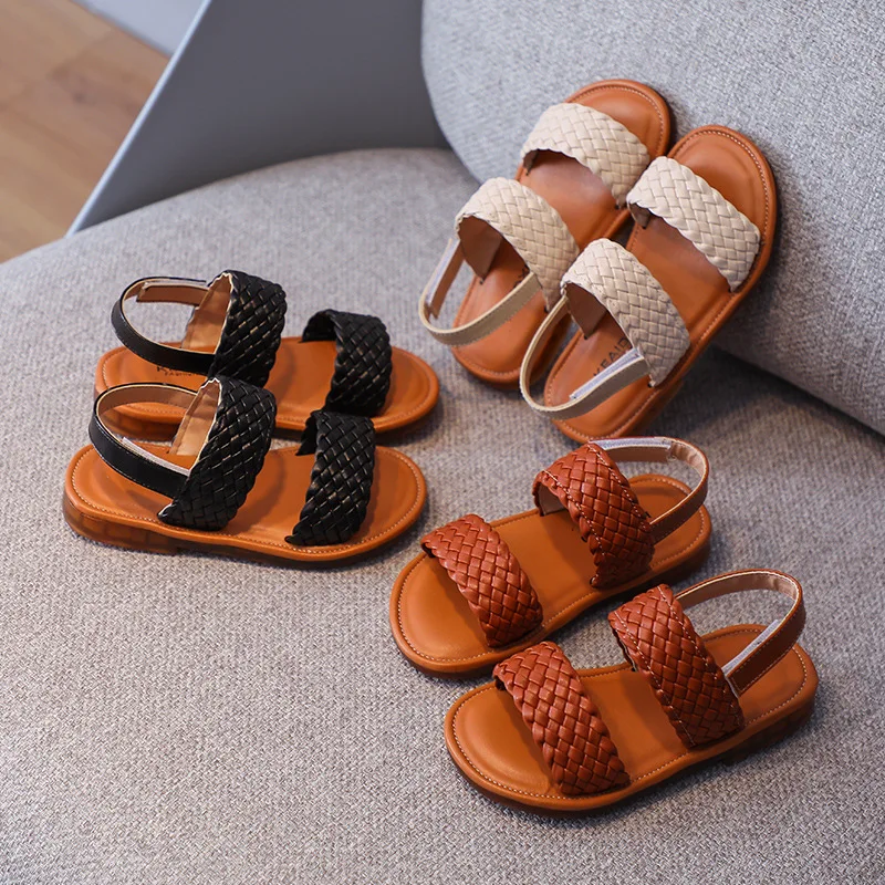 

Girls Woven Strappy Sandals Soft Leather Velcro Open Toen Kids Beach Shoes Children Summer Fashion Casual Shoes 2 3 4 5 6 7 8 9y