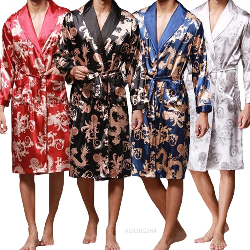 

Fashion Men's Bathrobe Silk Kimono Long Sleeves Robe Chinese Lucky Dragon Print Pajamas Men Gown Bathrobe Men Homewear Sleepwear