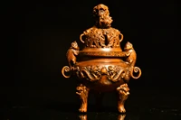 5china lucky old boxwood hand carved toad two dragon play beads incense burner three legged incense office ornaments town house