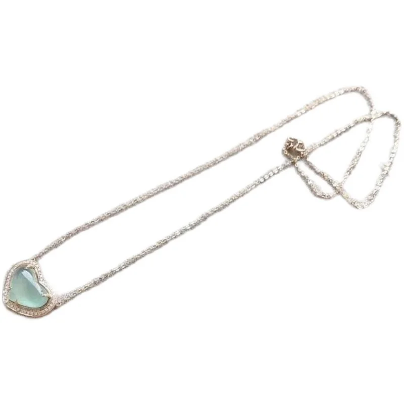 

S925 Sterling Silver Inlaid Ice-like Green Waterscape Pendant Crystal Agete Style Jade Heart Clavicle Chain New Necklace