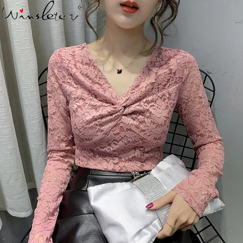 

MadBlack Spring Fall European Clothes Lady Lace T-Shirt Chic Sexy V-Neck Women Tops Long Sleeve All Match 2022 Slim Tees T1D912A