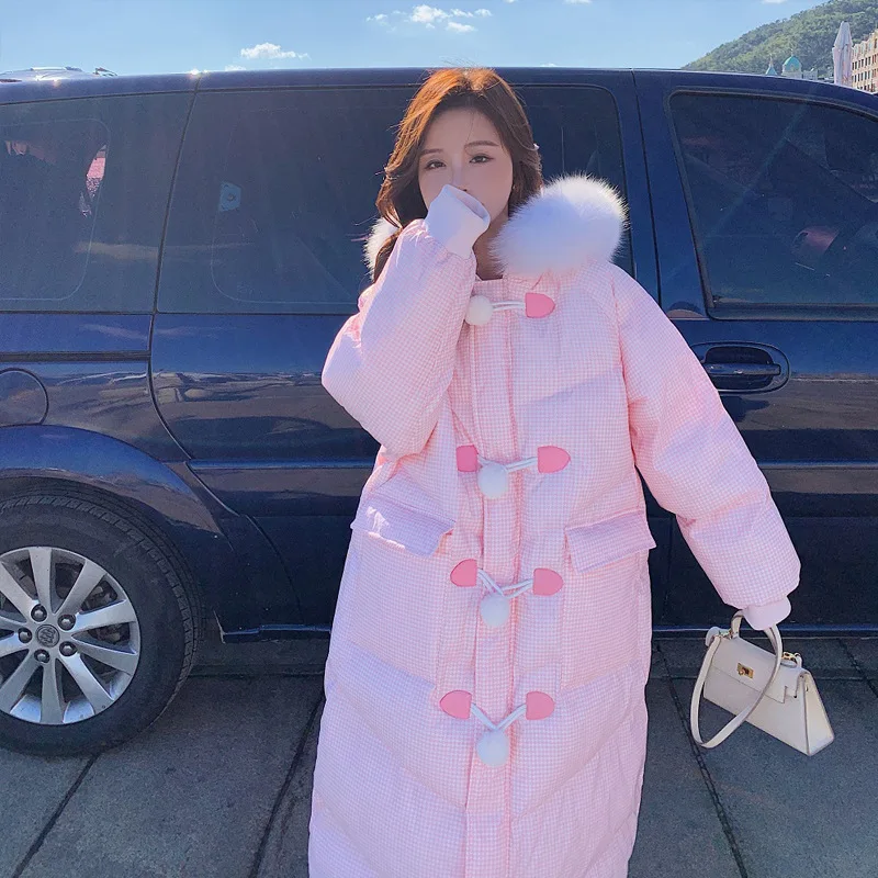 Pink Down Cotton-padded Jacket Girls' Long Winter Students Korean Version of Loose Big Fur Collar Bread Clothes Cotton Coat