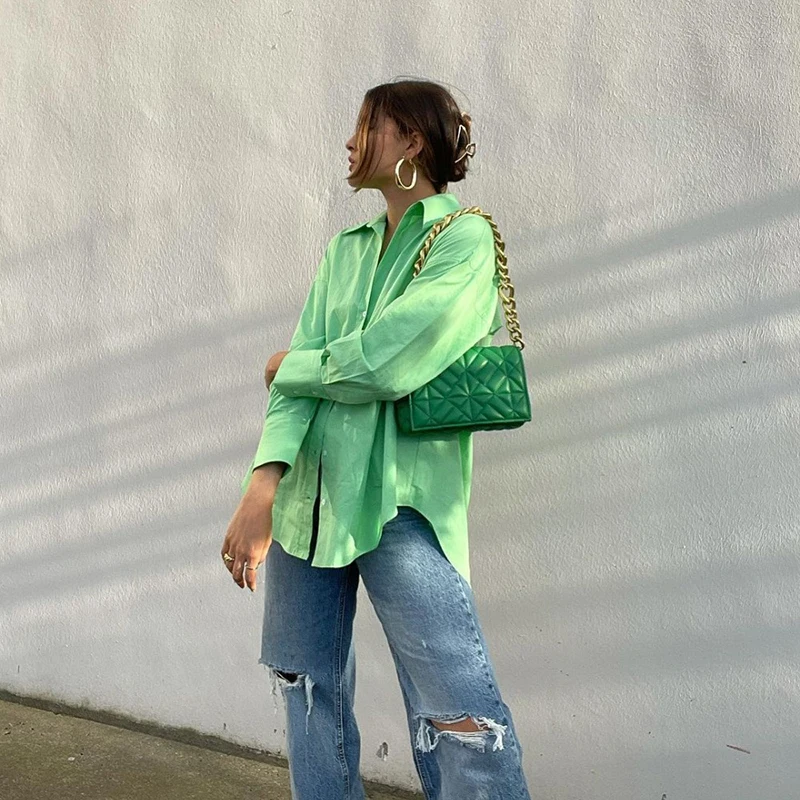 

Green Blouse Female Casual Turn-down Collar Long Sleeve Single-Breasted Women Clothing Basic Asymmetric Hem Chic Shirt Top 2021