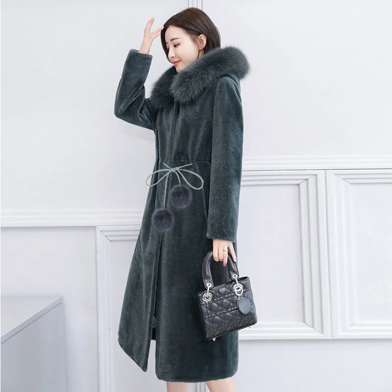

Elegant Slim Fit Faux Coat Women Fox Fur Collar Sleeve Sashes Lady Shaggy Jacket Hooded Plus Size 5XL Long Coats Female