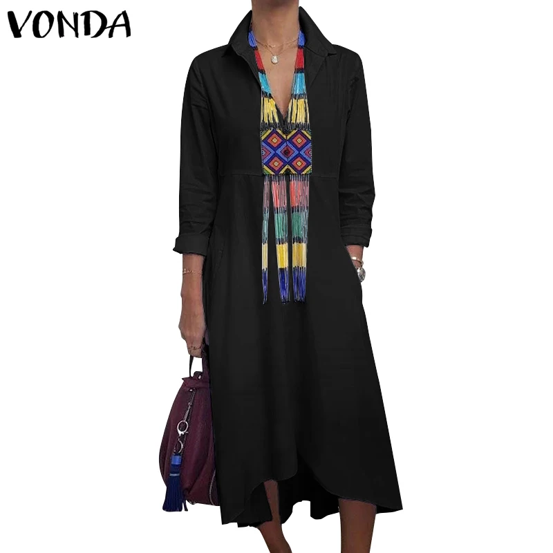 Black VONDA Elegant Dress Women Sundress Spring Summer Female Long Sleeve Lapel Neck Shirt Dress Long Robe Vestidos Plus Size - Цвет: Black