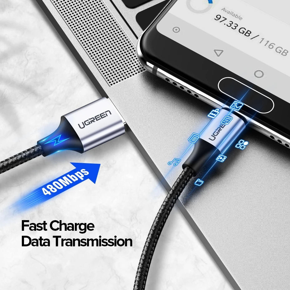 Ugreen usb type-c кабель передачи данных для быстрой зарядки зарядное устройство для samsung s9 s8 huawei xiaomi9 usb c кабель короткий 2 м Android 90 градусов