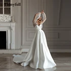 Thinyfull длинное ТРАПЕЦИЕВИДНОЕ свадебное платье с пышными рукавами, украшенное стразами, атласное Плиссированное свадебное платье с длинным шлейфом