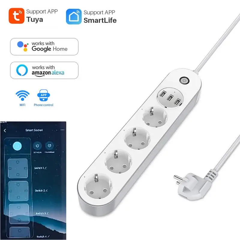 

Tuya WiFi Power Strip With 1.5m Cable 4 EU Plug 3 USB Charging Ports Smart Life App Timing Control Work With Alexa Google Home