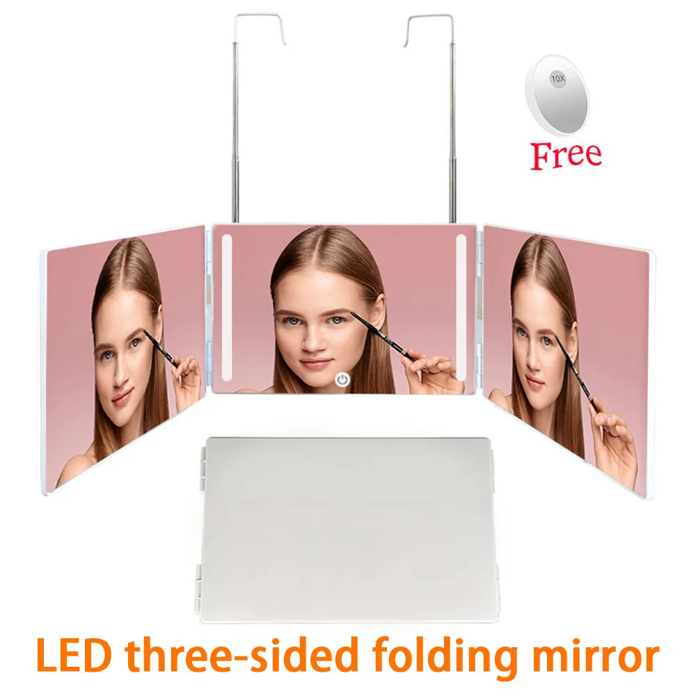 Trifold Cosmetic Mirror with Mini 10X Magnification Mirror Portable Rechargeable LED Mirror for Home Bathroon Bedroom NIN668