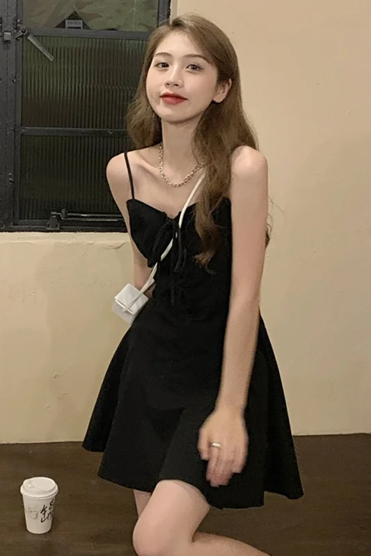 Женское платье на бретелях черное тонкое Элегантное короткое с французской