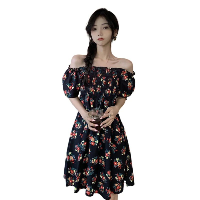 

Summer Dress One Shoulder Slim High Waist Floral Printed Beach Dress Ankle Length Women's Dress A171