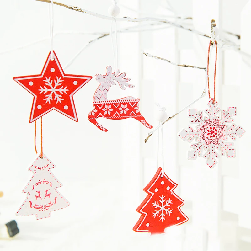 12 шт./лот DIY бело-красные рождественские деревянные подвесные украшения с принтом