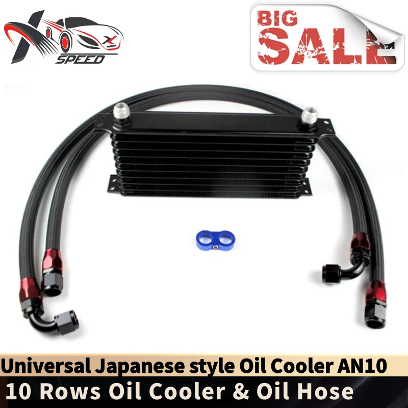 

Universal 10 Rows Oil Cooler 10-AN Engine Oil Radiator 10-Row & Oil Hose Aluminum