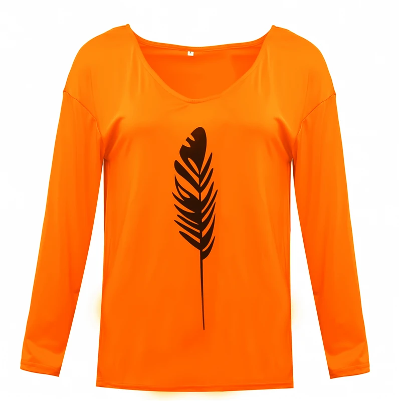

2021 Autumn Winter New Women's Loose V-Neck Long-Sleeved Feather Printed T-Shirt Top Women Casual Pullover Streetwear Oversized