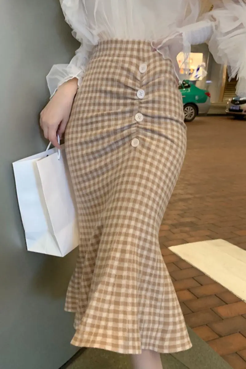 

Vintage Mid-length Package Hip Fishtail Skirt Slim Lady Skirts 2021 Spring New High-waisted Tight-fit Plaid Skirt Woman
