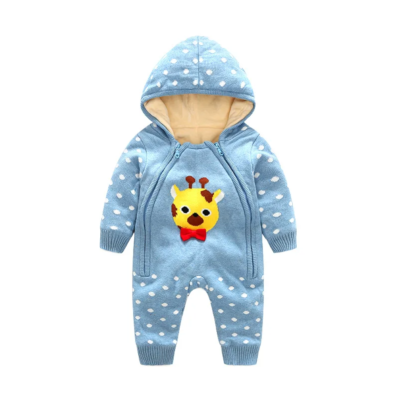 Newborn Baby Girl Boy Autumn And Winter Plus Cotton Hooded Jumpsuit Climbing Suit Cartoon Double Zipper | Мать и ребенок