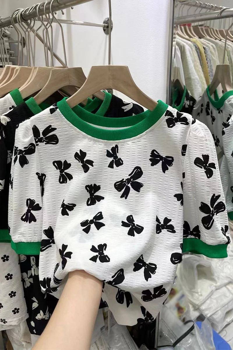 

Bow T-shirt Women's Short-Sleeved Summer Design Sense 2021 New European Station Western Style Youthful-Looking Puff Sleeve Top