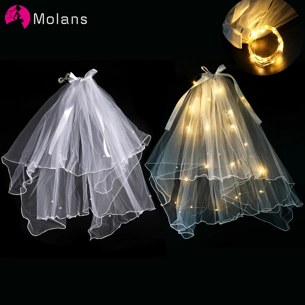 Светящаяся жемчужная Фата Molans двухслойная с гребнем белая свадебная фата бантом