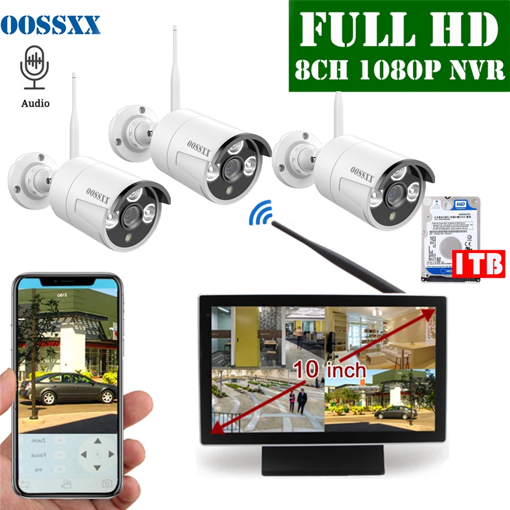 OOSSXX 8CH 1080P Беспроводной NVR комплект 10' монитор беспроводной CCTV 3 шт Аудио Крытый