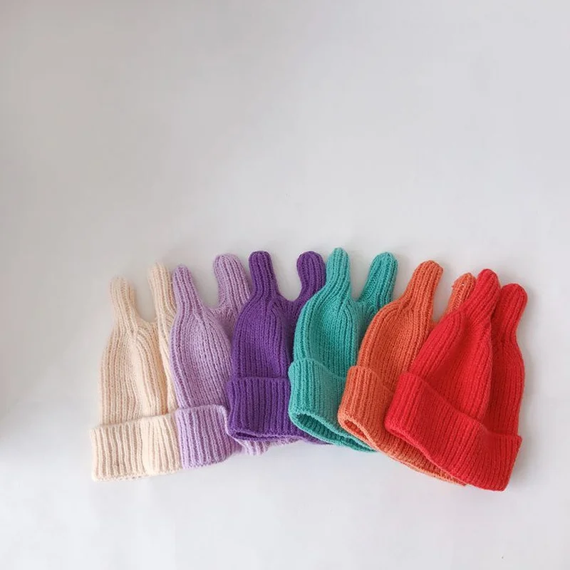 

New baby woolen hat for boys and girls with bunny ears colourful warm and breathable knitted hat for autumn and winter