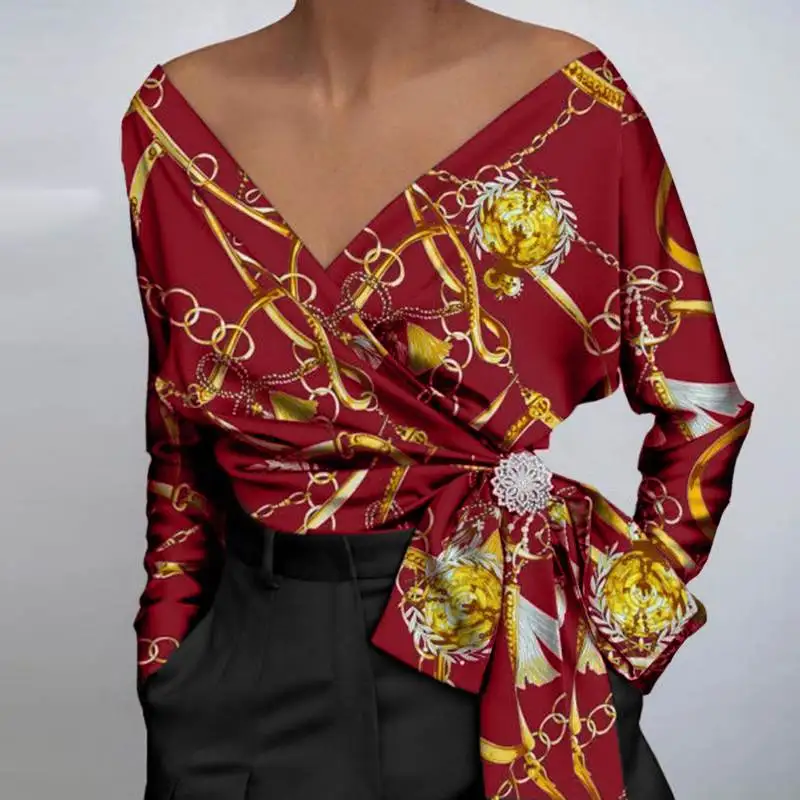 

Women Blouse 2021 VONDA Vintage Printed Shirts Sexy Long Sleeve Deep V Neck Party Blouse Ladies Tops Blusas Femininas Oversized