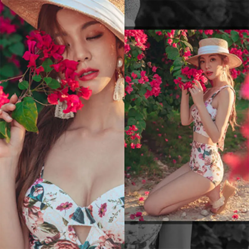 

South Korea 's New Swimsuit Women 's Net Red Floral Small Fresh Steel Support Gathered And Slim Bikini Swimwear 2021