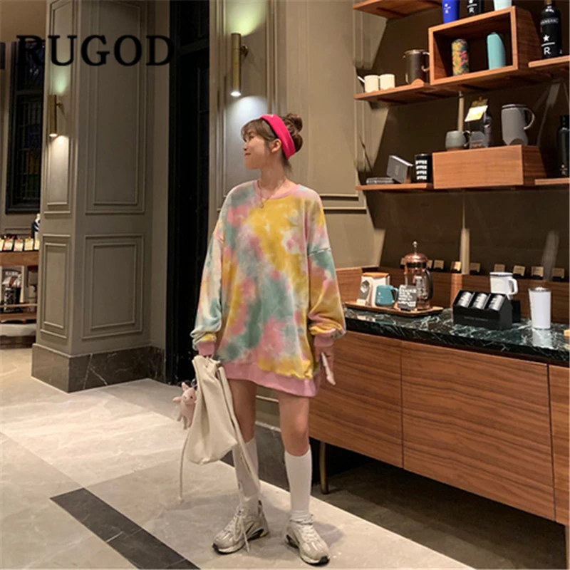 RUGOD/ Новое поступление, Осенний специальный свитер для женщин, с круглым вырезом, с галстуком-красителем, длинная Кофта свободного кроя, модная женская одежда harajuku