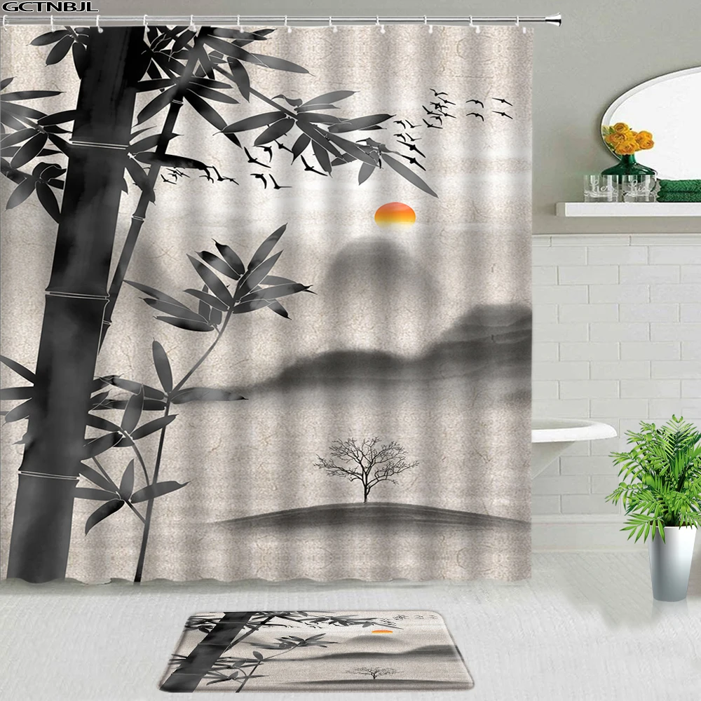 

Green Bamboo Shower Curtains Set Bath Mat Chinese Landscape Washable Bathroom Screen Non-slip Rug For Bathtub Decor With Hooks