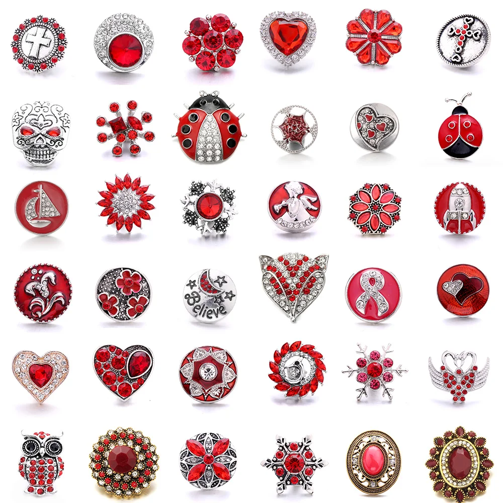 

New 5Pcs/Lot 18MM Snap Button Jewelry Fashion Red Crystal Heart Snap Button Women Bracelet Necklace Charm Accessories Wholesale
