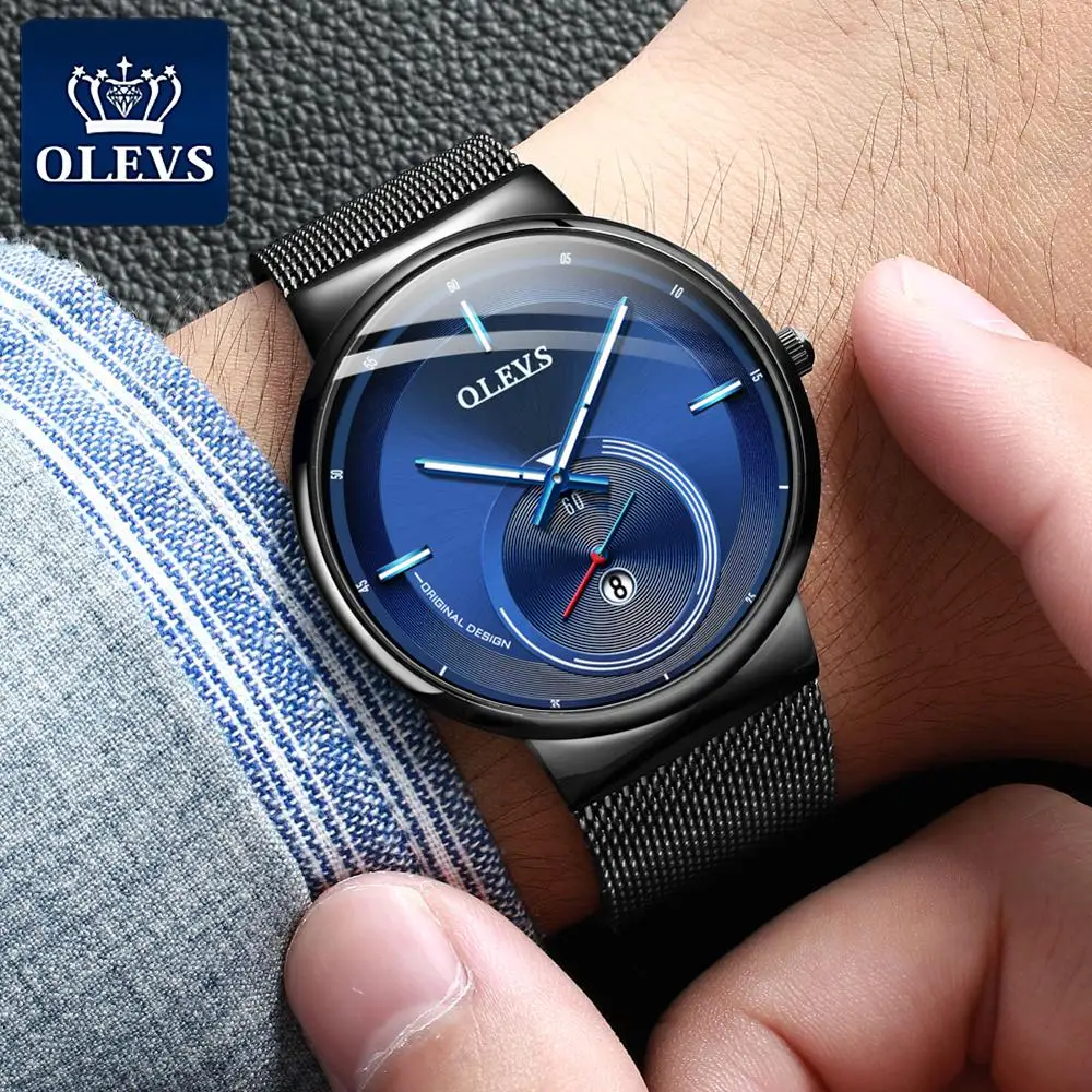 NEW OLEVS Watch Men Luxury Quartz Date Blue Dial Thin Top Brand Watches Sports Chronograph Mesh Belt Wrist Watch Man Clock