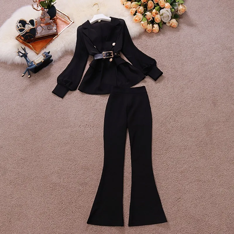 

Spring Elegnat Office Lady Belted Waist Lantern Sleeve Suit Blazer and High Waist Flare Suit Pants One Set TN121