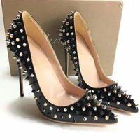 keshangjia patent leather studded heels 12cm fashion ladies sexy pointed toe rivets spiked high heeled shoes black womens pumps
