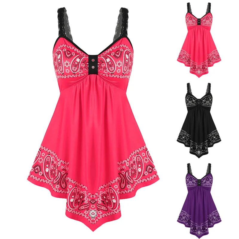 

Tank Top Women Sleeveless Shirts Summer Casual Ladies Lace Printing Shirt Spaghetti Strap V Neck Loose Tops 2022 Plus Size 5XL