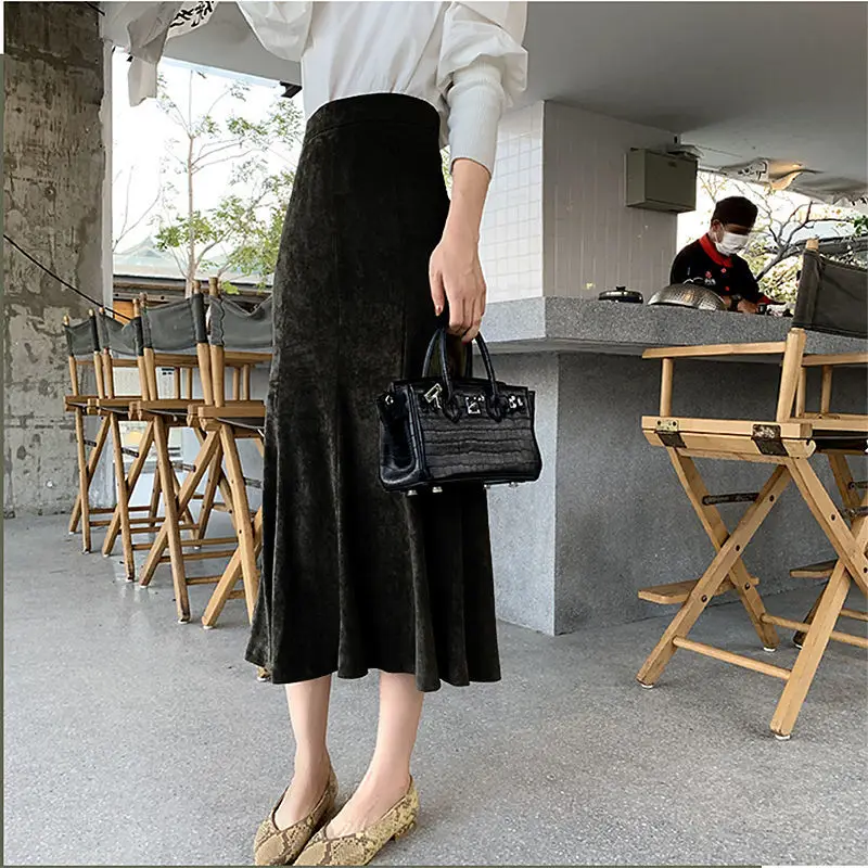 

Women Slim Fashion 3 Color Tight Fishtail Ankle-Length Skirts Ladies Autumn Spring Vintage Mermaid High Waist Solid Long Skirt